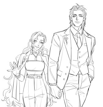 Rule 34 | 1boy, 1girl, aerith gainsborough, alternate costume, belt, bracelet, choker, closed mouth, commentary request, couple, cowboy shot, crop top, earrings, final fantasy, final fantasy vii, hand in pocket, height difference, hetero, highres, holding hands, jacket, jacket on shoulders, jewelry, lineart, long hair, looking at viewer, mush820823, necktie, open clothes, open jacket, pants, ring, shirt, stud earrings, suit jacket, vest, waving, wavy hair, white background, zack fair