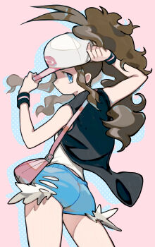 1girl ass bag baseball_cap black_vest blue_eyes brown_hair contrapposto denim denim_shorts eudetenis from_behind hair_through_headwear handbag hat high_ponytail highres hilda_(pokemon) looking_at_viewer nintendo pink_background pokemon pokemon_bw ponytail short_shorts shorts sidelocks solo thighs vest wavy_hair wristband