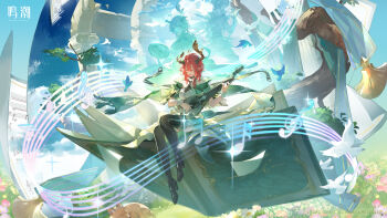 1girl absurdres bard bare_shoulders bird black_boots blue_sky boots breasts brown_horns ciaccona_(wuthering_waves) closed_eyes copyright_notice day dress english_text flower frilled_wrist_cuffs frills grass hair_between_eyes hair_flower hair_ornament highres holding holding_weapon horns large_breasts logo medium_hair multiple_views musical_note official_art outdoors pointy_ears red_hair sky tacet_mark_(wuthering_waves) thigh_boots thighs tree_horns weapon white_bird white_dress white_wrist_cuffs wide_shot wrist_cuffs wuthering_waves