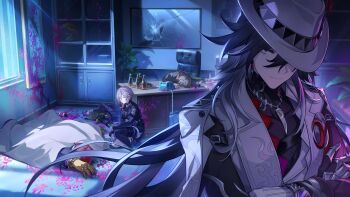 Rule 34 | 1boy, 1girl, 3others, absurdres, arm belt, ashveil (honkai: star rail), bad link, black gloves, black hair, black jacket, black shirt, black shoes, black thighhighs, blood, blood splatter, bottle, broken mirror, brown hair, chair, crossed arms, earrings, fedora, game cg, gloves, grey hair, hair between eyes, hat, highres, honkai: star rail, honkai (series), indoors, jacket, jewelry, kuchiba (honkai: star rail), lapels, light rays, long hair, long sleeves, mirror, multicolored hair, multiple others, necklace, night, notched lapels, official art, phone, shirt, shoes, short hair, single thighhigh, streaked hair, table, thigh strap, thighhighs, tooth necklace, two-tone hair, watch, white hat, white jacket, wristwatch