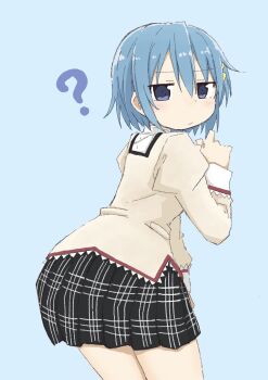 1girl :/ ? ass black_skirt blue_background blue_eyes blue_hair closed_mouth cowboy_shot female_focus from_behind grey_shirt hair_ornament hairclip hand_up juliet_sleeves leaning_forward long_sleeves looking_at_viewer looking_back mahou_shoujo_madoka_magica mahou_shoujo_madoka_magica_(anime) miki_sayaka miniskirt plaid_clothes plaid_skirt pleated_skirt pocket ponnu_(tnpn2yw) puffy_sleeves school_uniform shirt short_hair sidelocks simple_background skirt solo standing