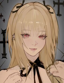 Rule 34 | 1girl, amane misa, black choker, blonde hair, choker, cross, cross piercing, death note, ear piercing, grey background, hair ribbon, highres, light smile, long hair, nude, piercing, portrait, red eyes, ribbon, ribbon choker, sumi (suumiko ), two side up, unfinished, wispy bangs