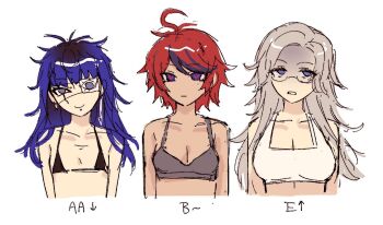 Rule 34 | aotsuki eito, babykatafan, bikini, black bikini, black hair, blue hair, bra, breasts, bust chart, cleavage, closed mouth, commentary, english commentary, eyelashes, eyepatch, flat chest, genderswap, genderswap (mtf), glasses, grey hair, grey sports bra, highres, large breasts, long hair, micro bikini, multicolored hair, multiple girls, omokage yugamu, piercing, purple eyes, red eyes, red hair, shaded face, simple background, sketch, small breasts, sports bra, streaked hair, sumino takumi, swimsuit, the hundred line -last defense academy-, underwear, upper body, white background, white bra