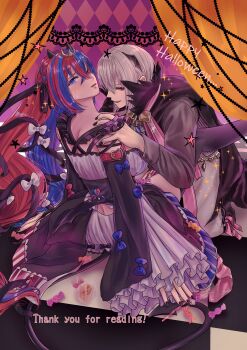 1boy 1girl absurdres blue_hair female_alear_(fire_emblem) fire_emblem fire_emblem_engage hair_between_eyes halloween_costume happy_halloween heterochromia highres looking_at_viewer multicolored_hair nekoyashiki_08 nintendo rafal_(fire_emblem) red_eyes red_hair thank_you two-tone_hair white_hair