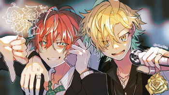2boys antenna_hair aqua_streaks arm_around_shoulder black_jacket black_shirt blonde_hair cellphone earrings flip_phone flower furrowed_brow green_eyes green_necktie grey_jacket grid_print grin highres holding holding_microphone holding_phone hypnosis_mic izanami_hifumi jacket jewelry kannonzaka_doppo looking_at_viewer male_focus microphone multicolored_eyes multiple_boys multiple_rings necktie nosuo0253 orange_eyes pendant phone portrait red_hair ring rose shirt smile smirk striped_clothes striped_shirt thumbs_down twitter_username white_shirt yellow_eyes yellow_flower yellow_rose