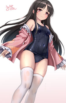 1girl black_hair black_one-piece_swimsuit breasts closed_mouth commentary_request covered_navel dedorudy frilled_sleeves frills gradient_background highres houraisan_kaguya long_hair long_sleeves looking_at_viewer one-piece_swimsuit open_clothes open_shirt pink_background pink_shirt red_eyes school_swimsuit shirt signature skindentation small_breasts solo swimsuit thighhighs touhou wet white_background white_thighhighs