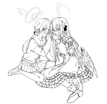 2girls absurdres angel_wings aririsu083 azusa_(blue_archive) blue_archive blush commentary_request feathered_wings flower frilled_skirt frills full_body greyscale hair_flower hair_ornament halo hifumi_(blue_archive) highres long_hair long_skirt long_sleeves looking_at_viewer low_twintails miniskirt monochrome multiple_girls on_ground pleated_skirt sailor_collar school_uniform sitting skirt twintails whispering wings