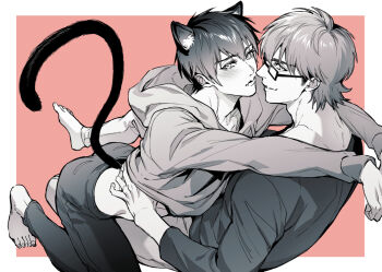 2boys ace_of_diamond animal_ears barefoot blush border boy_on_top cat_boy cat_ears cat_tail closed_mouth clothes_lift commentary_request feet glasses greyscale_with_colored_background hair_between_eyes hood hoodie hoodie_lift lifting_another's_clothes looking_at_viewer male_focus miyuki_kazuya multiple_boys no_shoes outside_border pants pink_background pocket rectangular_eyewear renorenoko sawamura_eijun short_hair sideburns simple_background tail toenails toes white_border yaoi