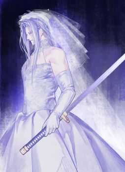 1boy blue_background blue_theme bridal_veil bride chinese_commentary choker closed_eyes commentary_request cowboy_shot crossdressing crossdressing_(mtf) dress elbow_gloves facing_to_the_side final_fantasy final_fantasy_vii gloves hair_intakes highres holding holding_sword holding_weapon katana lace lace-trimmed_dress lace_choker lace_trim light_frown long_bangs long_hair male_focus masamune_(ff7) parted_bangs sephiroth sleeveless sleeveless_dress solo sparkle sword upper_body veil weapon wedding_dress white_dress white_gloves white_hair yiiiiiy6