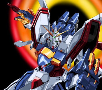 absurdres bakunetsu_god_finger black_background commentary fighting_stance g_gundam glowing glowing_hand god_gundam green_eyes gundam highres kds_(0049) looking_at_viewer mecha mecha_focus no_humans outstretched_arms robot science_fiction solo super_robot upper_body v-fin