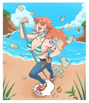 1girl absurdres alternate_costume banknote beach bikini breasts closed_eyes commentary cosplay crmanzana earrings falling_money feather_earrings feathers hand_on_own_hip highres hololive hololive_english jewelry kfp_employee_(takanashi_kiara) large_breasts long_hair money nami_(one_piece) nami_(one_piece)_(cosplay) one_piece open_mouth orange_hair solo stepped_on swimsuit symbol-only_commentary takanashi_kiara tattoo virtual_youtuber