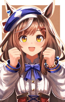 1girl absurdres animal_ears blue_bow blue_bowtie blue_hat blush border bow bowtie breasts brown_eyes brown_hair center_frills clenched_hands clothing_cutout commentary_request corset ears_through_headwear frills hair_ornament hairclip hands_up hat highres horse_ears horse_girl long_sleeves looking_at_viewer matikanetannhauser_(panpaka_tiltott)_(umamusume) matikanetannhauser_(umamusume) medium_hair multicolored_hair newsboy_cap open_mouth outside_border parallel_hairclips purple_bow purple_bowtie red_corset red_ribbon ribbon shirt shoulder_cutout simple_background smile solo streaked_hair umamusume upper_body white_border white_hair white_shirt white_streaks ya-ya yellow_eyes