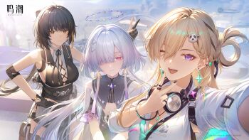 3girls absurdres bare_shoulders black_dress black_gloves black_hair black_nails blonde_hair braid braided_bangs breasts bunny_ears_prank chinese_commentary closed_mouth colored_eyelashes commentary_request cross-laced_clothes cross-laced_dress dress earrings elbow_pads female_rover_(wuthering_waves) gloves grey_hair hair_between_eyes hair_ornament hair_over_one_eye halo hand_on_own_hip headphones headphones_around_neck highres jacket jewelry logo long_hair looking_at_viewer lynae_(wuthering_waves) medium_breasts mornye_(wuthering_waves) multiple_girls nail_polish necklace official_art one_eye_closed open_mouth outdoors pants purple_eyes red_eyes rover_(wuthering_waves) shirt skull_hair_ornament sleeveless sleeveless_dress smile star_(symbol) star_earrings tacet_mark_(wuthering_waves) triangle_earrings white_jacket white_shirt wuthering_waves yellow_eyes