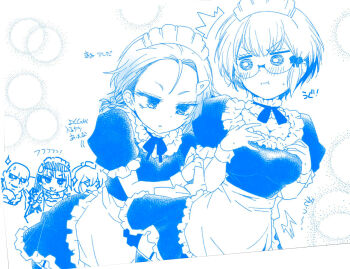 1boy 4girls apron arai_kazuki bald bald_male blush bokutachi_wa_benkyou_ga_dekinai bow bowtie braid braided_twintails breasts cleavage closed_mouth collarbone glasses hair_bow hands_on_own_chest highres kominami_asumi large_breasts maid maid_apron maid_headdress medium_hair monochrome multiple_girls ogata_rizu short_hair short_sleeves simple_background small_breasts wavy_mouth