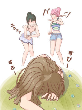 3girls anyoji_hime anyoji_hime_(sleepover_at_ginko&#039;s) bare_shoulders blue_shorts braid breasts brown_hair bruise bruise_on_face camisole center-flap_bangs cleavage commentary_request false_smile green_shirt grin hair_bun hasu_no_shousankaku highres holding_own_wrist injury kachimachi_kosuzu kachimachi_kosuzu_(sleepover_at_ginko&#039;s) link!_like!_love_live! long_hair long_sidelocks love_live! marble_(toy) medium_breasts miniskirt momose_ginko momose_ginko_(sleepover_at_ginko&#039;s) multiple_girls no_eyes official_alternate_costume on_floor pink_hair purple_shirt purple_skirt saboten_(sabo10_c) shirt short_hair short_shorts shorts side_braids sidelocks simple_background single_hair_bun skirt slapping sleeping sleeveless sleeveless_shirt smile sound_effects tatami two-tone_shirt v-shaped_eyebrows virtual_youtuber white_background white_camisole