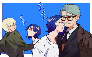 Rule 34 | 3boys, 444 fofofo, beard, blue background, blue hair, challia bull, char aznable, closed eyes, collared shirt, colored inner hair, commentary request, facial hair, glasses, green eyes, green hair, gundam, gundam gquuuuuux, hair over eyes, highres, jacket, long sleeves, lower eyelashes only, male focus, multicolored hair, multiple boys, multiple views, mustache, necktie, purple hair, shirouzu (gundam), shirt, short hair, shuji ito, smelling, two-tone hair, white shirt