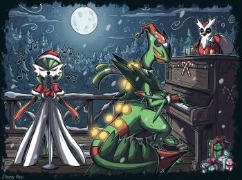 artist_name capelet christmas colored_skin delibird dress forest full_moon gardevoir gen_2_pokemon gen_3_pokemon gift green_skin hat highres instrument mega_pokemon mega_sceptile microphone_stand moon multicolored_skin music musical_note nature nintendo piano playing_instrument playing_piano pokemon pokemon_(creature) ryuptile santa_hat sceptile singing two-tone_skin white_dress white_skin