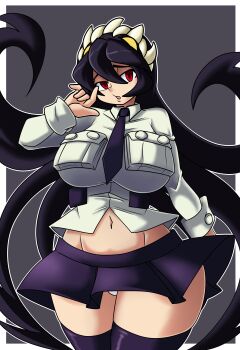 1girl absurdres black_background black_necktie black_skirt black_thighhighs border breasts collared_shirt commentary_request curvy davidsillo filia_(skullgirls) hair_between_eyes highres large_breasts long_hair long_sleeves looking_at_viewer navel necktie panties red_eyes samson_(skullgirls) shirt skirt skullgirls solo standing thighhighs thighs underwear very_long_hair white_border white_panties white_shirt wide_hips