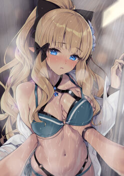 1girl 1other :o bare_shoulders bikini black_bow blue_bikini blue_eyes blue_ribbon blunt_bangs blush bow breasts cleavage collarbone collared_shirt commentary_request cowboy_shot ear_blush elf grabbing_another's_breast groping hair_bow hand_under_clothes hand_under_swimsuit high_ponytail large_breasts layered_bikini long_hair long_sleeves looking_at_viewer lunch_(shin_new) mixed-sex_bathing multi-strapped_bikini navel nose_blush o-ring o-ring_bikini open_clothes open_mouth open_shirt pointy_ears ponytail pov princess_connect! rain ribbon saren_(princess_connect!) saren_(summer)_(princess_connect!) shared_bathing shirt showering side-tie_bikini_bottom sidelocks solo_focus star_(symbol) stomach swimsuit very_long_hair wet white_shirt wristband