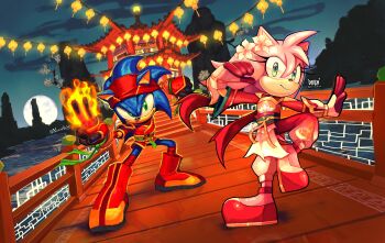 Rule 34 | 1boy, 1girl, absurdres, amy rose, artist collaboration, blue fur, body fur, chinese new year, daeream, fire, full body, full moon, green eyes, highres, jacket, kornart, moon, pink fur, red jacket, sonic (series), sonic the hedgehog, standing, v