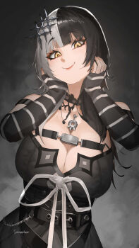 1girl absurdres arm_strap artist_name black_arm_warmers black_choker black_dress black_hair black_nails breasts chest_belt choker cleavage closed_mouth commentary dress dress_ribbon english_commentary grey_hair hair_ornament hashtag-only_commentary head_on_hands highres hololive hololive_english lace lace-trimmed_choker lace_choker lace_trim large_breasts lips long_hair looking_at_viewer multicolored_hair ribbon semasemaphor shiori_novella shiori_novella_(1st_costume) smile solo split-color_hair striped_arm_warmers two-tone_hair virtual_youtuber white_ribbon yellow_eyes