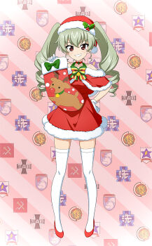 1girl alternate_costume anchovy_(girls_und_panzer) artist_request bow christmas christmas_stocking commentary_request dress drill_hair full_body girls_und_panzer gloves grey_hair haiiro_purin hat high_heels highres holding long_hair long_sleeves official_alternate_costume official_art red_eyes red_shoes santa_costume santa_dress santa_hat second-party_source shoes smile solo standing teeth thighhighs white_gloves white_thighhighs