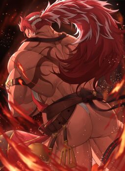 1boy alternate_costume apron armband ass back_tattoo bara bellsaltr belt black_background crossed_arms feet_out_of_frame fire fundoshi granblue_fantasy highres huge_ass japanese_clothes leather leather_belt light_particles long_hair male_focus manly mature_male multicolored_hair muscular muscular_arms muscular_legs muscular_male official_alternate_costume ponytail red_hair simple_background solo spatula spiked_hair spoon tan tattoo thighs white_hair wilnas_(apron_of_ardor)_(granblue_fantasy) wilnas_(granblue_fantasy) yellow_eyes