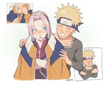 1boy 1girl ^_^ aqua_eyes artist_name blonde_hair blue_hairband blue_sweater blush borrowed_clothes breath clenched_teeth closed_eyes clothes_over_shoulder cold collarbone crossed_arms dress facial_mark feenie fishnet_top fishnets forehead_protector green_eyes grin hairband haruno_sakura highres konohagakure_symbol light_blush looking_at_another naruto_(classic) naruto_(series) nose_blush orange_sweater parted_lips pink_hair red_dress sequential short_hair sideways_glance smile snot_trail spiked_hair surprised sweater teeth two-tone_sweater unzipping uzumaki_naruto whisker_markings zipper_pull_tab