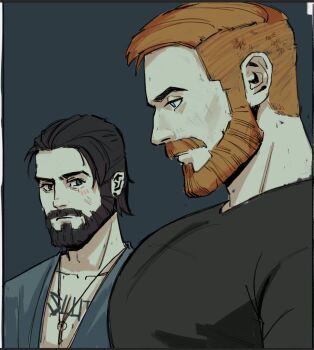 2boys bara beard black_hair brothers facial_hair far_cry far_cry_5 from_side full_beard girl_staring_at_guy's_chest_(meme) jacob_seed john_seed large_pectorals looking_at_pectorals looking_down male_focus mature_male meme multiple_boys muscle_envy muscular muscular_male orange_hair pectorals photo-referenced short_hair siblings skaldsnshadow thick_eyebrows upper_body
