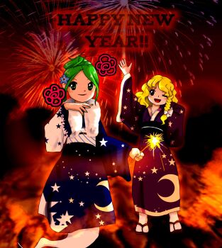 Rule 34 | 2girls, ;), blonde hair, bow, braid, crescent, fireworks, fur collar, ghost tail, green eyes, green hair, green nails, hair bow, hair bun, happy new year, highres, holding, holding fireworks, japanese clothes, kimono, kirisame marisa, long hair, long sleeves, mima (touhou), multiple girls, new year, obi, one eye closed, sash, short hair, single braid, smile, touhou, touhou (pc-98), white bow, yunarukami, zun (style)