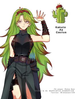 1girl arm_up armlet arrow_(projectile) bare_shoulders belt belt_pouch black_bag black_belt black_shirt black_tank_top breasts brown_belt cactus cactus_(plants_vs._zombies) character_name clothing_cutout colored_tips commentary_request cowboy_shot curtained_hair eyelashes eyeshadow female_focus fingernails frilled_hairband frills green_hair green_skirt hairband highres humanization jewelry jitome long_hair long_skirt looking_up makeup medium_breasts multicolored_hair nail_polish orange_eyes orange_hairband personification plants_vs._zombies pouch quiver red_eyeshadow red_hair red_hairband red_nails reka-san sharp_fingernails shirt simple_background skirt skirt_cutout sleeveless sleeveless_shirt spiked_armlet spiked_ear_piercing spiked_hair spikes strap straps_across_chest tagme tank_top thigh_cutout thigh_pouch thigh_strap thighs turtleneck turtleneck_shirt two-tone_hair very_long_hair white_background