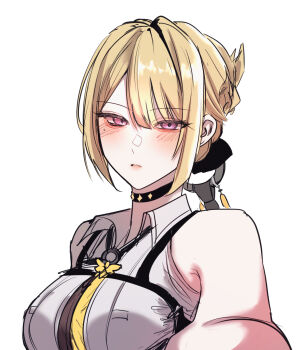 1girl bare_shoulders black_choker blonde_hair blush breasts chest_harness choker closed_mouth commentary english_commentary evelyn_chevalier hair_between_eyes harness highres large_breasts looking_at_viewer necktie purple_eyes ring_hair_ornament shirt simple_background sketch sleeveless sleeveless_shirt solo upper_body user_ctec3782 white_background white_shirt yellow_necktie zenless_zone_zero