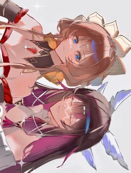 Rule 34 | 2girls, bare shoulders, black hair, blue eyes, brown hair, choker, closed eyes, columbina (genshin impact), detached sleeves, eye mask, feathered wings, gem, genshin impact, grey background, hair ornament, hair ribbon, headdress, highres, irzm30, long hair, looking at another, mask, multicolored hair, multiple girls, pink hair, red gemstone, ribbon, sandrone (genshin impact), see-through clothes, see-through mask, two-tone hair, upper body, white ribbon, wing hair ornament, wings, yuri