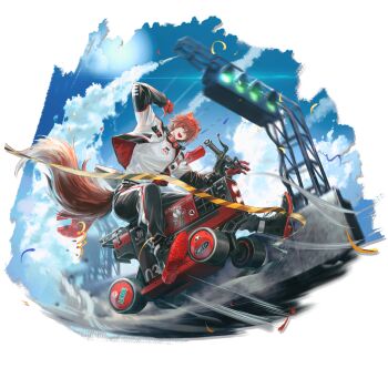 1boy animal_ears arknights artist_name belt black_belt black_boots black_jacket black_pants boots chiave_(arknights) chiave_(one-man_racing_team)_(arknights) cloud cloudy_sky confetti cropped_jacket english_text finish_line fox_boy fox_ears fox_tail from_below full_body gloves goggles goggles_around_neck hair_between_eyes highres infukun jacket looking_at_viewer looking_down motion_lines motor_vehicle multicolored_jacket official_alternate_costume official_art open_clothes open_jacket open_mouth pants pointing pointing_at_self race_vehicle racing_suit red_eyes red_gloves red_hair rhodes_island_logo_(arknights) riding shirt sky smile smoke solo speed_lines sticker striped_belt striped_clothes striped_pants tail third-party_source transparent_background two-tone_jacket white_jacket white_shirt wrench