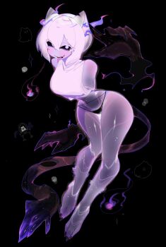 1girl :p animal_ears black_background black_nails black_panties black_sclera blush bright_pupils colored_eyelashes colored_sclera crop_top detached_arm fang full_body ghost_girl ghost_hands highres long_toenails looking_at_viewer narrow_waist navel open_mouth original panties see-through_body shirt short_hair simple_background sleeveless solo teeth thick_eyebrows thighs toenails toes tongue tongue_out underwear upper_teeth_only usa37107692 white_eyelashes white_hair white_pupils white_shirt