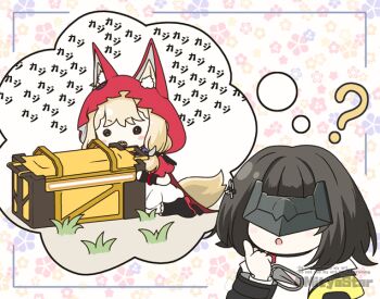 2girls ? animal_ear_fluff animal_ears animated animated_gif arknights arknights:_endfield artist_name black_gloves black_hair black_jacket blindfold_mask blonde_hair cape commentary_request dress ears_through_headwear endministrator_(arknights) female_endministrator_(arknights) fingerless_gloves gloves hood hood_up hooded_cape jacket layered_sleeves long_sleeves mask mitya multiple_girls open_mouth red_cape rossi_(arknights) sharp_teeth short_hair speech_bubble tail teeth thought_bubble watermark white_dress wolf_ears wolf_girl wolf_tail