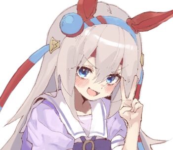 Rule 34 | 1girl, animal ears, blue eyes, blue hairband, blush, bow, ear bow, ear covers, ear ornament, fang, grey hair, hair between eyes, hairband, headband, horse ears, horse girl, kaiwan (kaiwan zhang), long hair, open mouth, red headband, school uniform, shirt, smile, solo, striped clothes, striped hairband, tamamo cross (umamusume), tracen school uniform, umamusume, very long hair