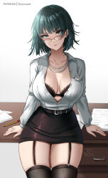 Rule 34 | 1girl, belt, black bra, black skirt, black thighhighs, bra, breasts, fubuki (one-punch man), garter straps, glasses, green eyes, grey hair, highres, jewelry, large breasts, long sleeves, looking at viewer, miniskirt, necklace, office lady, one-punch man, open clothes, open shirt, ring, ryuuneart, shirt, short hair, skirt, solo, table, thighhighs, thighs, underwear, white shirt
