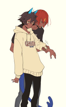 Rule 34 | 2boys, arjuna (fate), arjuna alter (fate), ashwatthama (fate), black pants, brown hair, drawstring, fate/grand order, fate (series), feet out of frame, highres, holding another's wrist, hood, hooded sweater, horns, kokujin youhei, male focus, multiple boys, open mouth, pants, red hair, short hair, simple background, sweater, tail, white sweater