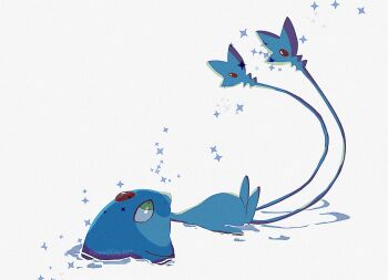 Rule 34 | azelf, blue skin, closed mouth, colored skin, fairy, forehead jewel, gem, gen 4 pokemon, highres, legendary pokemon, lying, multiple tails, nama86, nintendo, no humans, on back, pokemon, pokemon (creature), pokemon focus, red gemstone, sparkle, tail, two tails, white background, yellow eyes