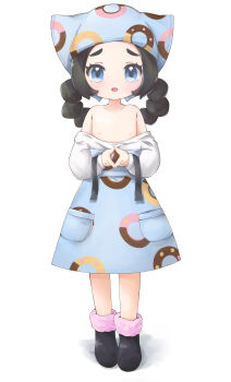 1girl :d absurdres ansha_(pokemon) apron black_hair black_shoes blue_apron blue_eyes collarbone commentary_request eyelashes flat_chest full_body headscarf highres loli long_hair looking_at_viewer motipurin3 nintendo off_shoulder open_mouth pink_socks pokemon pokemon_legends:_z-a shirt shoes simple_background smile socks solo standing white_background white_shirt