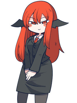 >:) 1girl :> bat_wings black_jacket black_pantyhose black_skirt black_wings blush_stickers breasts buttons chahan_(fried_rice0614) chibi collared_shirt commentary cowboy_shot dress_shirt hair_between_eyes half-closed_eyes head_wings highres jacket koakuma long_hair long_sleeves looking_at_viewer medium_breasts necktie no_nose pantyhose red_eyes red_hair red_necktie shirt sidelocks simple_background skirt slit_pupils smile touhou v-shaped_eyebrows v_arms white_background white_shirt wings