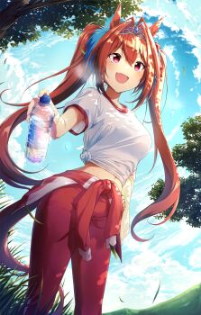 1girl animal_ears blue_sky blush bottle breasts brown_hair clothes_around_waist cloud commission daiwa_scarlet_(umamusume) fang grass gym_shirt gym_uniform hair_between_eyes hair_intakes highres holding holding_bottle horse_ears horse_girl horse_tail jacket jacket_around_waist long_hair medium_breasts midriff murasaki_himuro navel open_mouth outdoors pants red_eyes red_jacket red_pants shirt short_sleeves skeb_commission skin_fang sky smile solo sweater sweater_around_waist tail tiara tied_shirt tracen_training_uniform track_jacket track_pants tree twintails umamusume very_long_hair water_bottle white_shirt