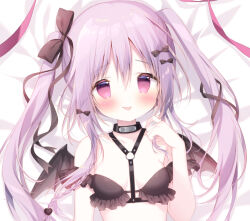 Rule 34 | 1girl, :p, bare shoulders, bed sheet, black bow, black ribbon, black wings, blush, bow, breasts, closed mouth, collarbone, commentary request, hair between eyes, hair bow, hair ribbon, hand up, long hair, mini wings, original, purple eyes, purple hair, ribbon, shiratama (shiratamaco), small breasts, smile, solo, tongue, tongue out, twintails, upper body, wings
