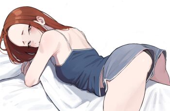 1girl armpits ass ayatak0517 black_camisole blush breasts bright_pupils brown_hair camisole commentary dakimakura_(object) dolphin_shorts fingernails forehead grey_shorts hugging_object komi-san_wa_komyushou_desu looking_at_viewer looking_to_the_side medium_hair onemine_nene pillow short_shorts shorts small_breasts solo spaghetti_strap thighs white_background white_pupils