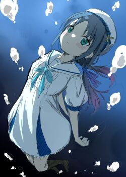 1girl aged_down aqua_ribbon black_hair commentary_request dress expressionless gradient_hair green_eyes hat kantai_collection looking_at_viewer low_twintails multicolored_hair ribbon sailor_collar sailor_dress solo suzukaze_(kancolle) twintails underwater white_dress white_hat white_sailor_collar yokoshima_(euphoria)