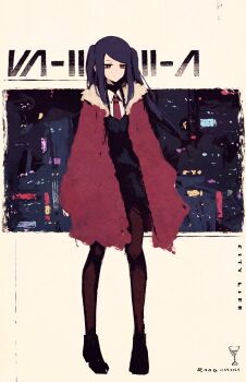 1girl absurdres black_pantyhose black_skirt black_vest bright_pupils cape closed_mouth dated expressionless full_body highres jill_stingray long_hair md5_mismatch pantyhose purple_hair red_cape red_eyes resolution_mismatch rnna shirt signature skirt solo standing swept_bangs va-11_hall-a vest white_pupils white_shirt