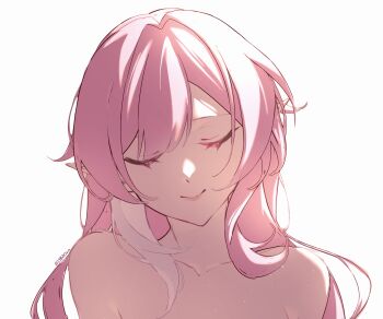 1girl closed_eyes commentary_request cyrene_(honkai:_star_rail) cyrene_(ripples_of_past_reverie)_(honkai:_star_rail) highres honkai:_star_rail honkai_(series) long_hair multicolored_hair pink_hair pointy_ears rin_(bakariiin) simple_background smile solo topless_female two-tone_hair upper_body very_long_hair white_background white_hair