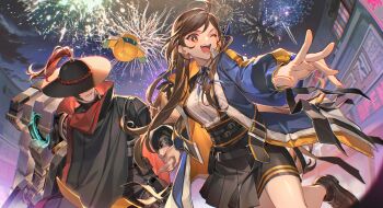 1girl black_hair fireworks holding_hands mari_gold_(sanabi) night one_eye_closed robot running sanabi