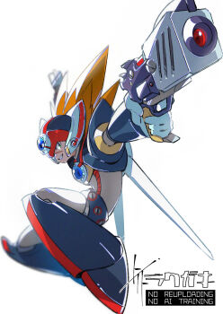 Rule 34 | 1boy, android, armor, axl (mega man), black armor, brown hair, chest jewel, cross scar, dual wielding, finger on trigger, forehead jewel, gun, helmet, highres, holding, holding gun, holding weapon, long hair, male focus, mega man (series), mega man x (series), red helmet, scar, scar on face, simple background, solo, spiked hair, to i to io, watermark, weapon, white background